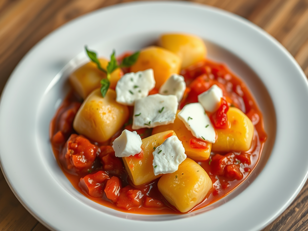 Un plat de gnocchis avec une sauce tomates et morceaux de fromage, garnis de basilic.